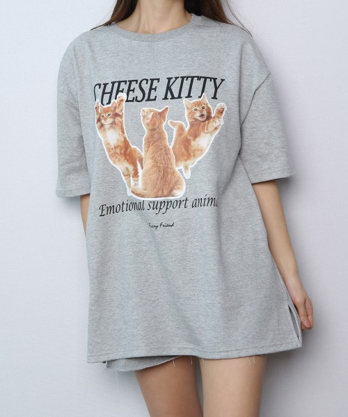 (시밀러룩/1+1할인) 치즈 고양이 오버핏 반팔 티셔츠