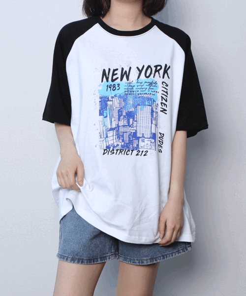 (1+1할인 박스티) 뉴욕 배색 오버핏 반팔 티셔츠